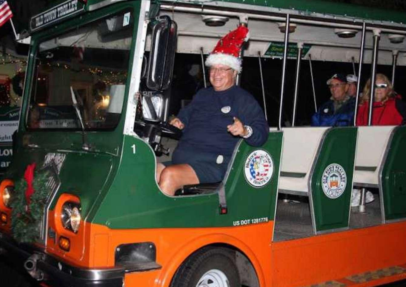The trolley tour around town viewing the lights 